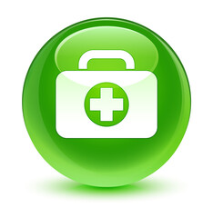 Fototapeta premium First aid kit bag icon glassy green round button