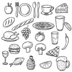Hand drawn food doodles, line art simple sketches isolated on white background. Food clip-art. Vector illustration