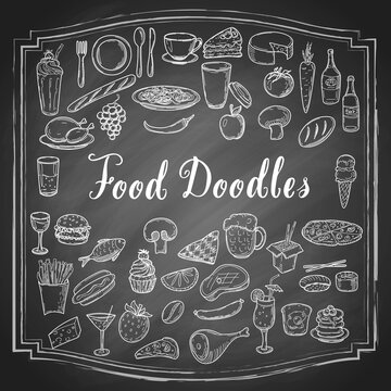 Hand drawn food doodles, line art simple sketches isolated on vintage black chalkboard background. Food clip-art. Vector illustration.