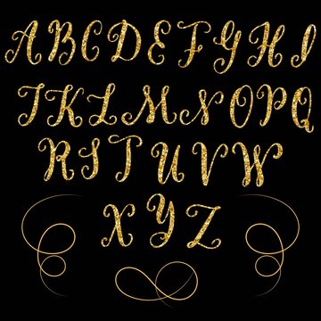 Hand drawn latin vintage alphabet, set of black upper capital letters with golden glitter texture effect, isolated on black. Vector typography illustration.