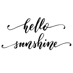 Hand lettering hello sunshine inscription on white background, fancy modern calligraphy. Vector illustration. Can be used card design.