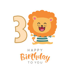 Vector illustration of greeting card with happy birthday to you words and cute little lion dedicated to third birthday.