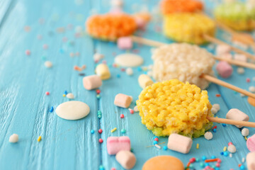 Round shaped crispy dessert on blue background