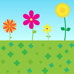 Colorful flowers illustration.Floral blooming in grass fill all clovers leaves and sky background
