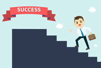 businessman wear white shirt and he run up  the silhouette stairs to success red ribbon employee climbs up the stairs,vector illustration,business concept growth and the path to success