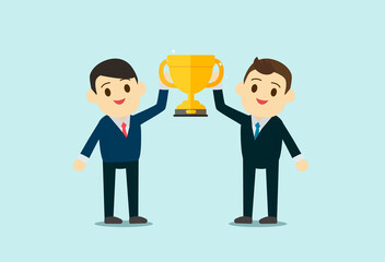 Business men wear suite show up Trophy cup. Teamwork Business and reward concept. flat design. vector illustration.