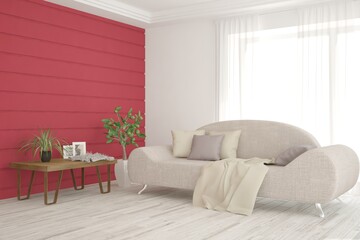 White modern room with sofa. Scandinavian interior design. 3D illustration