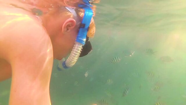 A child bathes in the sea with a fish in the sun. Scuba diving in masks. Tropical island