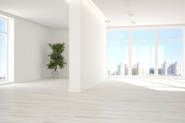 White empty room with urban landscape in window. Scandinavian interior design. 3D illustration