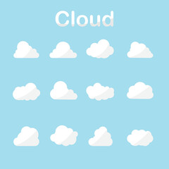 Cloud icons set in many forms with blue sky background