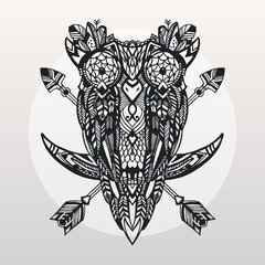 Tattoo bohemian owl. Vector illustration. Hand drawn style. Owl sitting on the moon with a arrows on its back. Black and white print.