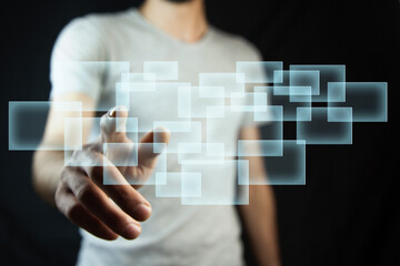 Business man pushes characters on the touch screen