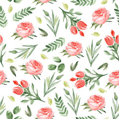 Seamless pattern with roses on a white background. Watercolor hand drawn