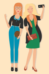 Beautiful woman in fashionable clothes are photographed on the phone itself. Flat style vector illustration