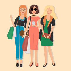 Beautiful woman in fashion clothes with shopping. Women with different personalities and styles. Flat style vector illustration