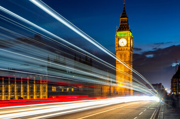London Night View, Palace of Westminster and Big Ben at dawn with blurred motion of traffic lights....