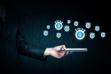 man hand holding tablet with social network icon