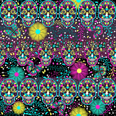 Seamless pattern, traditional elements. Colorful skulls with flowers and Butterflies