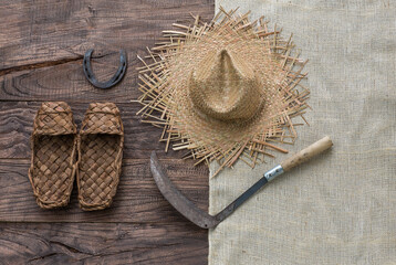 Peasant.Bast shoes.Old country table