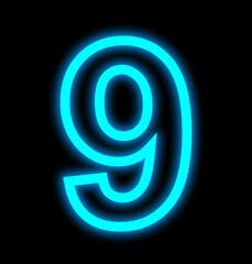 number 9 neon lights outlined isolated on black