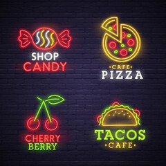 Set neon sign. bright signboard, light banner. Neon logo, emblem. Food neon