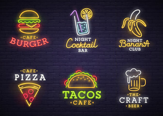 Food and drink neon sign. Neon sign, bright signboard, light banner