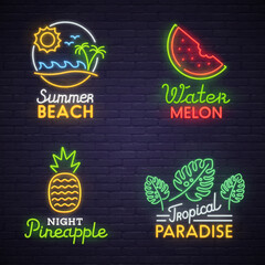 Set neon sign theme summer. bright signboard, light banner. Summer logo, emblem. 