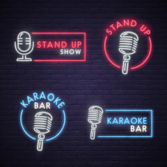 Stand Up and Karaoke bar neon sign. Neon sign, bright signboard, light banner. 