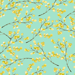 Seamless pattern with yellow mimosa. Watercolor hand drawn