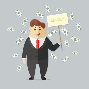 Man in a suit with a red tie getting a lot of money. boss, office worker, manager, banker,  businessman. Flat vector icon, illustration
