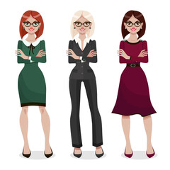 Secretary in a formal wear. Businesswoman in elegant office clothes. Attractive assistant in glasses keeping arms crossed. Women's profession. Cartoon vector illustration.
