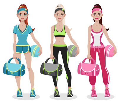 Attractive young woman in fitness sportswear, holding sports bag and ball in her arms. Fitness trainer in sportswear. Women's profession. Cartoon vector illustration.