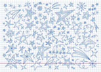 Hand drawn doodle stars collection. Drawing notebook, cartoon design elements