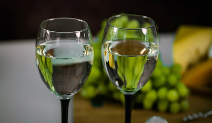 White Wine And Assorted Cheese Plate with fruit
