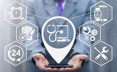 Repair Service Computer Mobile Devices. Man offers smartphone with icon location laptop stethoscope...