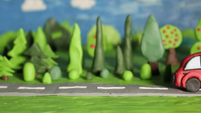 red car riding, river, trees, duck, clay, plasticine, animation, stop motion