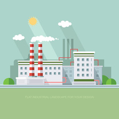 industry manufactory building. Factories producing oil and gas, metals and rubber, energy and power. Destroys nature. Icon of eco friendly factories. Flat Vector background illustration