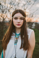 Hipster girl standing. close-up portrait indie girl