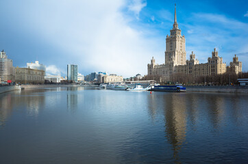 Fototapeta na wymiar Moscow City Skyline Russian Government Building Stalin Era Hotel Tower With Moscow River Embankment Street Travel Architecture Background Theme