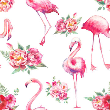 Watercolor flamingo and flowers seamless pattern. Hand painted floral texture with bright exotic birds on white background. Fashion wallpaper design