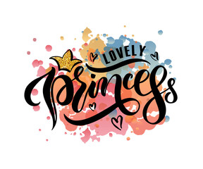 Vector illustration of Lovely Princess text for girls clothes. Lovely Princess badge/tag/icon.