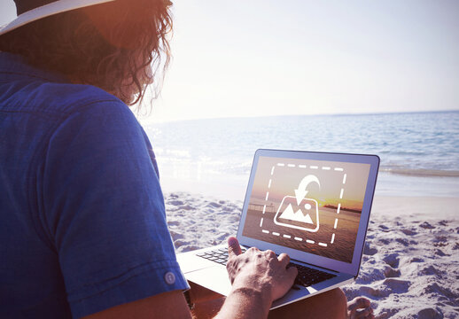 Laptop User on Beach Mockup