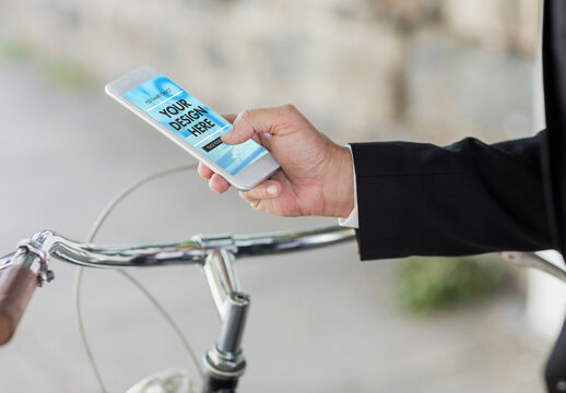 Smartphone User with Bicycle Mockup