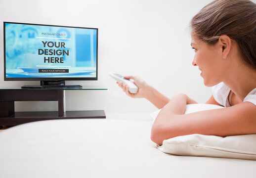 Woman Laying Down to Watch TV Mockup