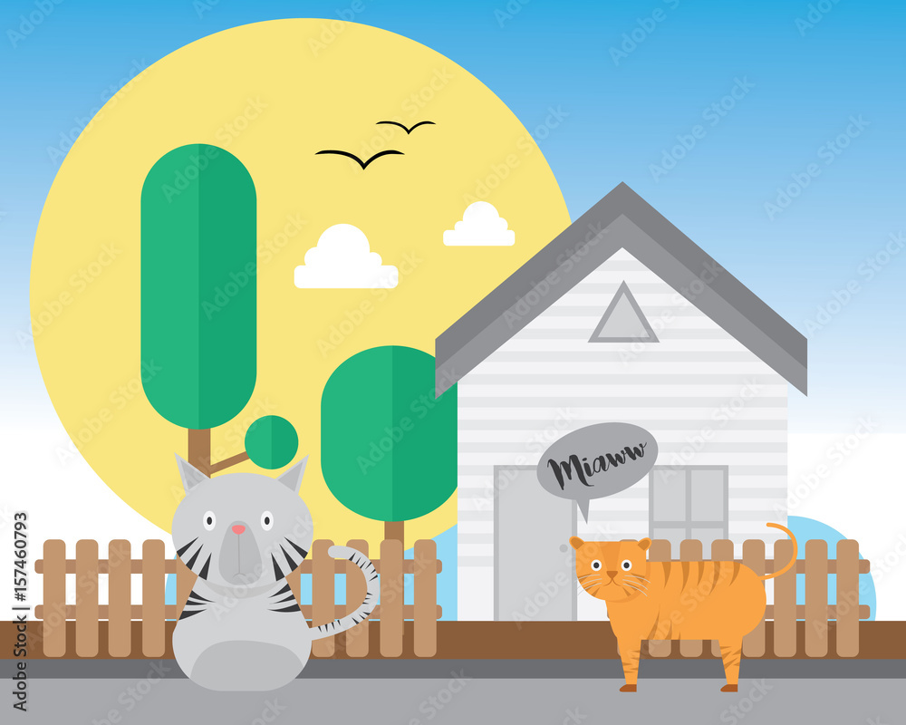 Wall mural cats with house background cartoon vector illustration