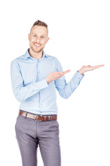 man presenting or showing something your text or product. human emotion expression and lifestyle concept. image on a white studio background.