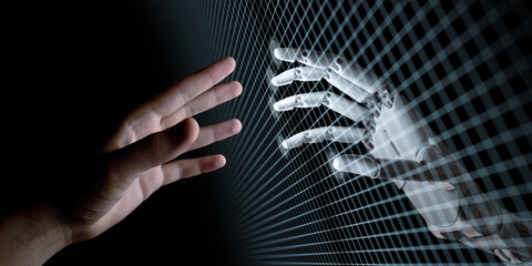 Hands of Robot and Human Touching Through Virtual Grid on Black Background. Virtual Reality or Artificial Intelligence Concept 3d Illustration - obrazy, fototapety, plakaty