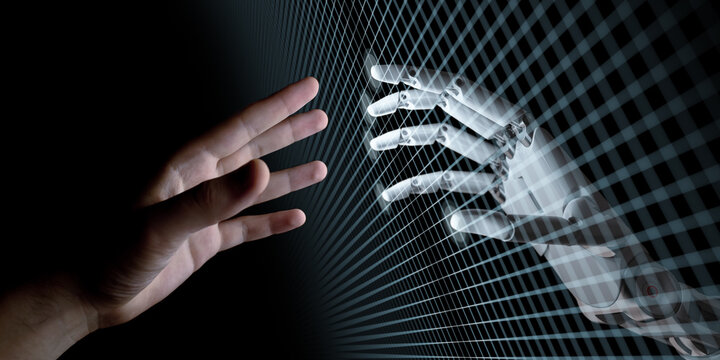 Hands of Robot and Human Touching Through Virtual Grid on Black Background. Virtual Reality or Artificial Intelligence Concept 3d Illustration