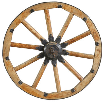 Classic old antique wooden wagon wheel with black metal brackets and rivets. Wheel with wooden spokes. Old fashion horse vehicle waggon wheel. Traditional cannon wheel isolated on white