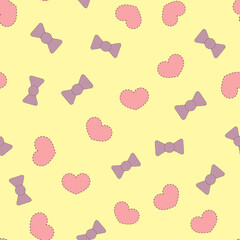 Patches cute hearts and bows. Color seamless pattern.